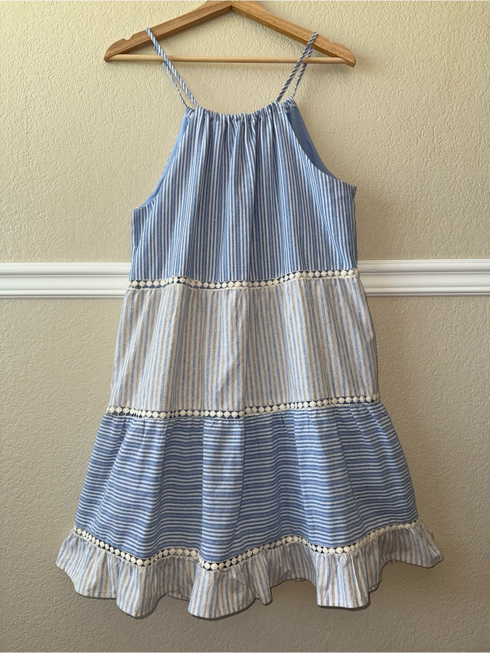 Altar’d State Cotton Blend Tiered Dress Blue Striped Boho Beachy Medium